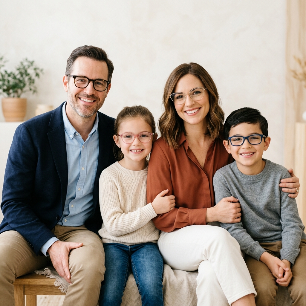 Familia feliz con lentes modernos